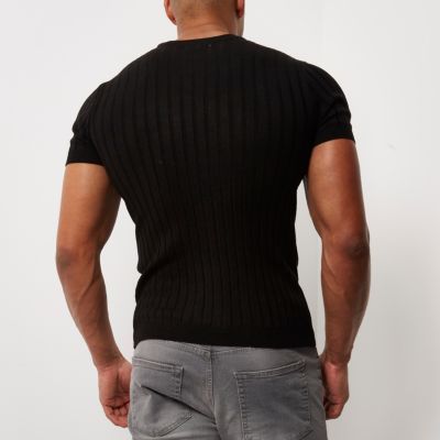 Navy chunky ribbed muscle fit T-shirt